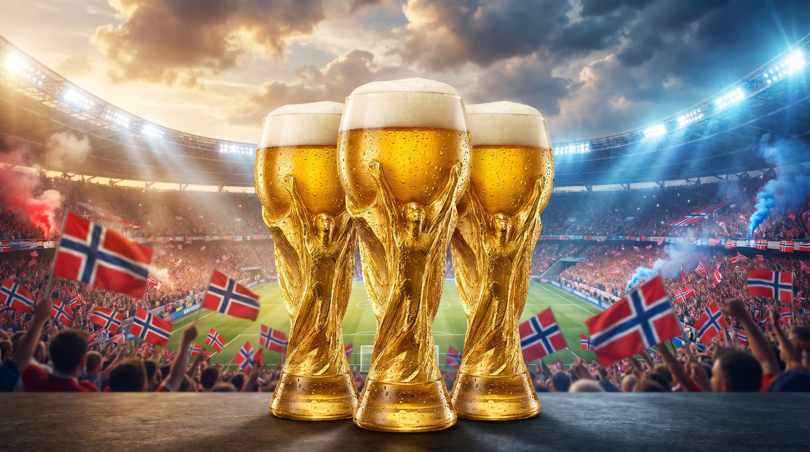 VM-Lageret hero – tre VM-pokal-ølglass på fotballstadion med norsk flagg